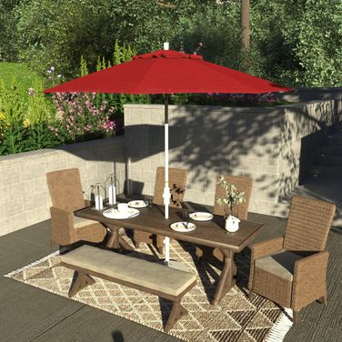 Sun Master 9' Patio Umbrella with Aluminum Pole Fiberglass Ribs Collar Tilt Crank Lift with Sunbrella Fabric In Jockey Red and Matte White