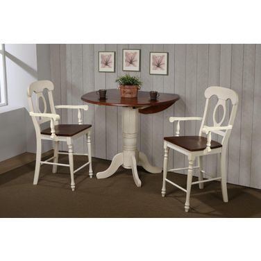 Sunset Trading Andrews 3 Piece 42 Inch Round Drop Leaf Pub Table Set In Antique White and Chestnut