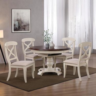 Sunset Trading Andrews 5 Piece 48 Inch Round Or 66 Inch Oval Extendable Dining Set In Antique White and Chestnut