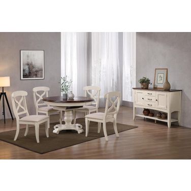 Sunset Trading Andrews 6 Piece 48 Inch Round Or 66 Inch Oval Extendable Dining Set In Antique White and Chestnut