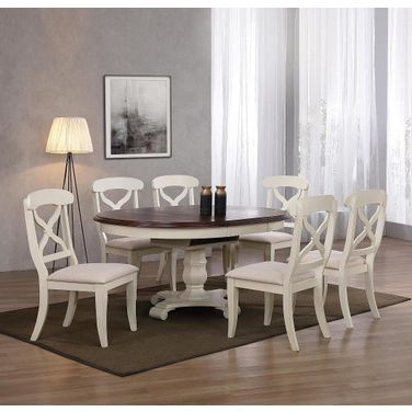 Sunset Trading Andrews 7 Piece 48 Inch Round Or 66 Inch Oval Extendable Dining Set In Antique White and Chestnut