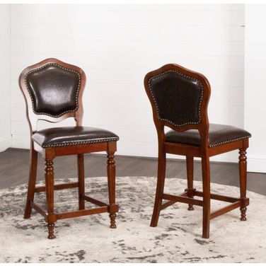 Sunset Trading Bellagio Upholstered Barstools With Backs Counter Height Dining Chairs Distressed Cherry Brown Wood Nailheads Set Of 2