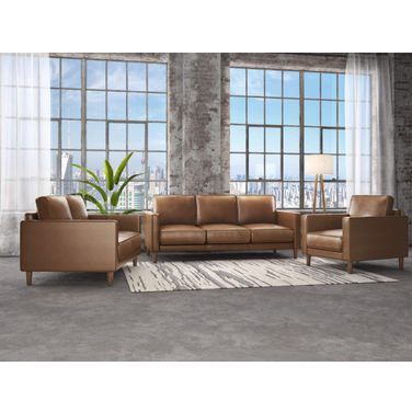 Sunset Trading Prelude 3 Piece Top Grain Leather Living Room Set Chestnut Brown Mid Century Modern Sofa Loveseat And Chair