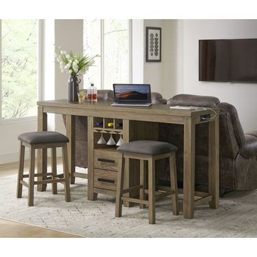 Saunders 3 Piece Console Bar Table and Stool Set With Charging Station In Brown