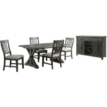 Trestle 6 Piece Dining Set 96" Extendable Table Server With 20 Bottle Wine Rack Distressed Gray 4 Upholstered Chairs