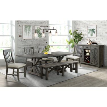 Trestle 7 Piece Dining Set With Bench 96 Inch Extendable Table 4 Upholstered Side Chairs Server With 20 Bottle Wine Rack