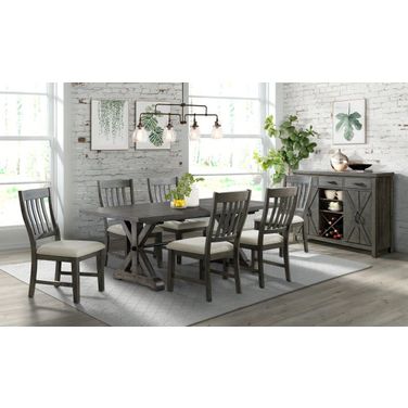 Trestle 8 Piece Dining Set 96 Inch Rectangular Extendable Table Server With 20 Bottle Wine Rack in Distressed Gray