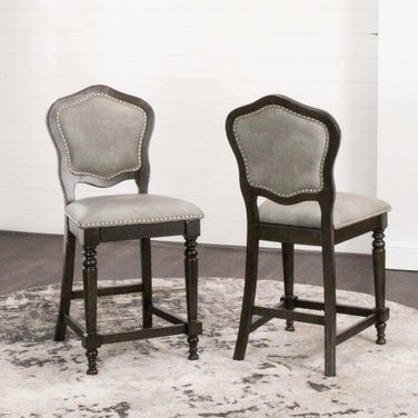 Sunset Trading Vegas Upholstered Barstools With Backs Counter Height Dining Chairs Distressed Gray Wood Nailheads Set Of 2