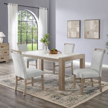 Tabitha 5 Piece 66 Inch Rectangular White Faux Marble Top Dining Set in Light Oak
