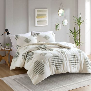Tahli 3 Piece Cotton Blend Chenille Full/Queen Comforter Set In Green and Ivory