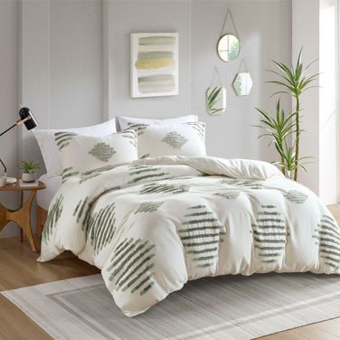 Tahli 3 Piece Cotton Blend Chenille King/Cal King Duvet Cover Set In Green and Ivory