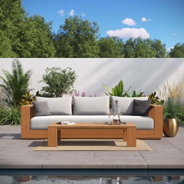 Tahoe Outdoor Patio Acacia Wood 2 Piece Sofa and Coffee Table Set In Natural and Light Grey