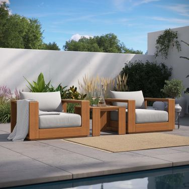 Tahoe Outdoor Patio Acacia Wood 3 Piece Furniture Set In Natural and Light Grey