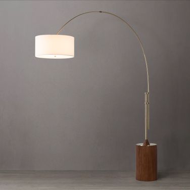 Tambo White Linen Shade Arc Floor Lamp In Dark Walnut and Weathered Brass