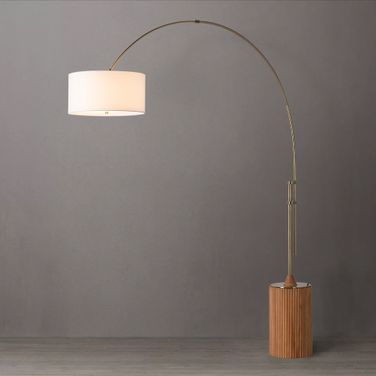 Tambo White Linen Shade Arc Floor Lamp In Natural Ash and Weathered Brass