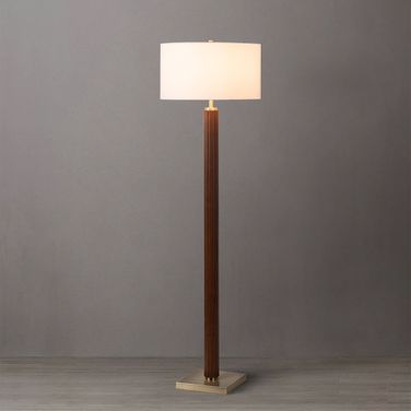 Tambo White Linen Shade Floor Lamp In Dark Walnut and Weathered Brass