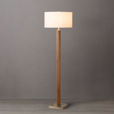 Tambo White Linen Shade Floor Lamp In Natural Ash and Weathered Brass