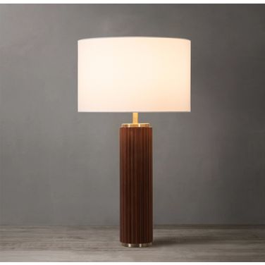 Tambo White Linen Shade Table Lamp In Dark Walnut and Weathered Brass