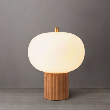 Tambo White Oval Opal Glass Shade Accent Table Lamp In Natural Ash and Weathered Brass