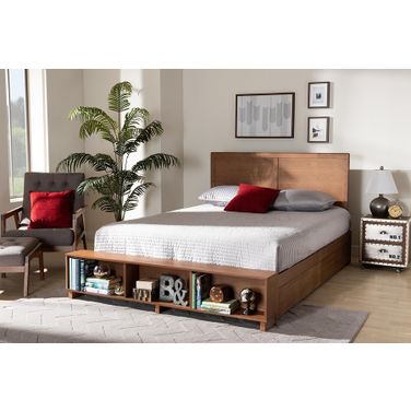 Tamsin Modern Transitional Ash Walnut Brown Finished Wood Full Size 4-Drawer Platform Storage Bed with Built-In Shelves