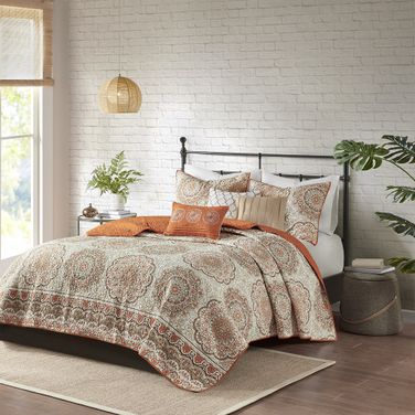 Tangiers Polyester Microfiber Printed Quilt 6 Piece Queen Coverlet Set In Orange