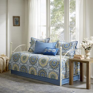 Tangiers Polyester Printed 6 Piece Day Bed Cover In Blue