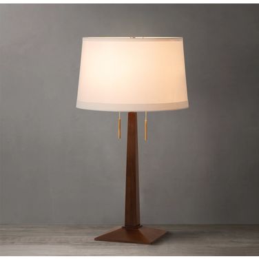 Taper White Linen Shade Table Lamp In Walnut and Weathered Brass