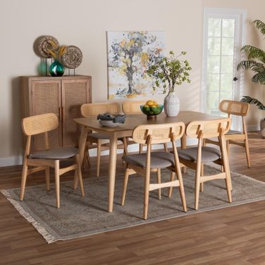 Tarana Fabric and Wood 7 Piece Dining Set In Grey and Natural Oak