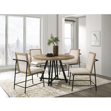 Tate 47 Inch Round Dining Table Set with Cream Color Upholstered Chairs In Oak