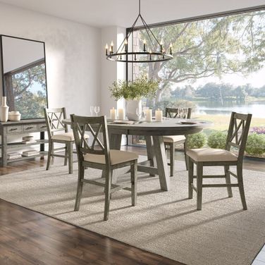 Telluride 5 Piece Counter Height Dining Room Set with Cross Back Stools In Driftwood