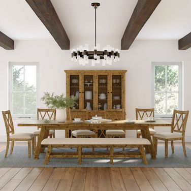 Telluride Eight Piece Rustic Distressed Pine 127 Inch Extendable Dining Set With Bench In Gold