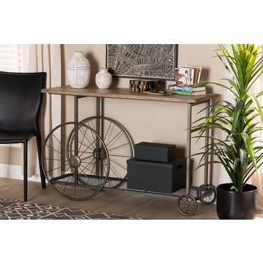 Terence Vintage Rustic Industrial Natural Wood and Black Finished Metal Wheeled Console Table