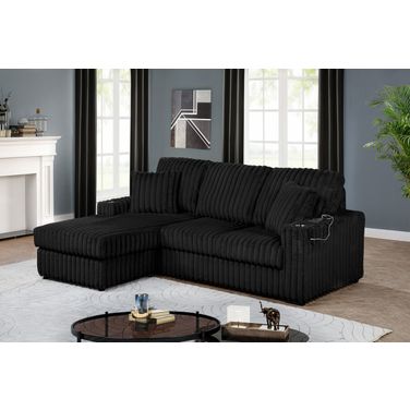 Thomas Corduroy Sectional with Reversible Ottoman In Black
