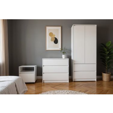 Modern 3-Piece Nightstand, Dresser, and Armoire Storage Set In White