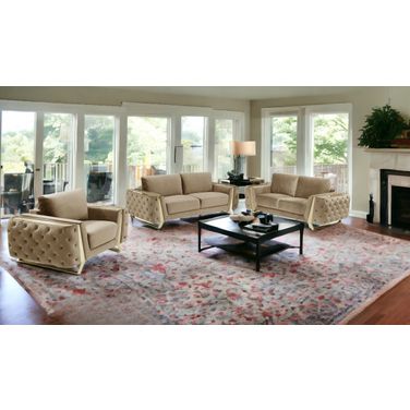 Three Piece Indoor Velvet Six Person Seating Set In Beige