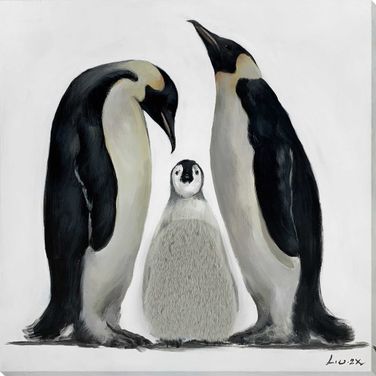 Timeless Penguin Family - 32" x 32" - Hand-Embellished Wrapped Canvas In Black/White/Ivory