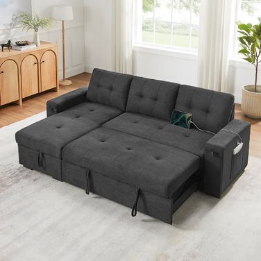 Toby 95 Inch Woven Fabric Reversible Sleeper Sectional Sofa with Storage Chaise In Black