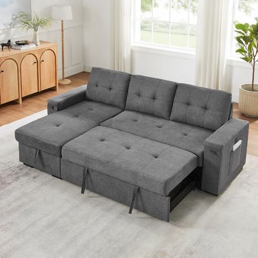 Toby 95 Inch Woven Fabric Reversible Sleeper Sectional Sofa with Storage Chaise In Gray