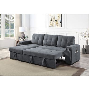Toby Gray Woven Fabric Reversible Sleeper Sectional Sofa With Storage Chaise Cup Holder Usb Ports And Pockets