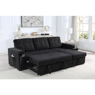 Toby 95 Inch Woven Fabric Reversible Sleeper Sectional Sofa with Storage Chaise In Black