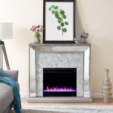 Trandling Mirrored Faux Stone Fireplace With Color Changing Firebox
