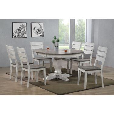 Transitional Table With Contemporary Ladder Back Chairs 7- Piece Dining Set In Ash and Stormy White