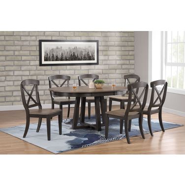 Transitional X-Back 7-Piece Cross Pedestal Dining Set In Grey Stone and Black Stone