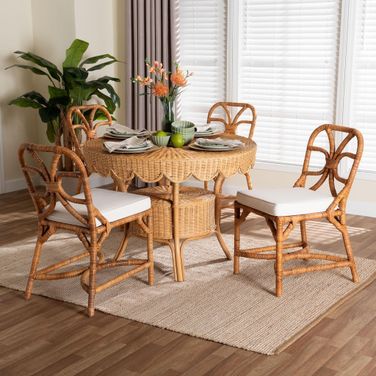 Trenton 5-Piece Handwoven Rattan Round Dining Room Set In Light Honey