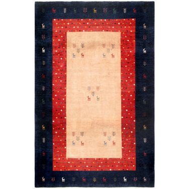 Tribal Collection Hand-Knotted Lamb's Wool Area Rug- 4' 4" x 7' In Beige and Navy