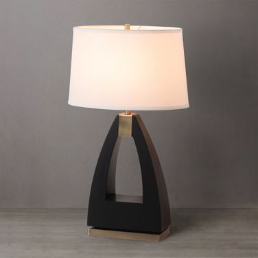 Trina 30 Inch White Linen Shade Table Lamp In Ebony and Weathered Brass