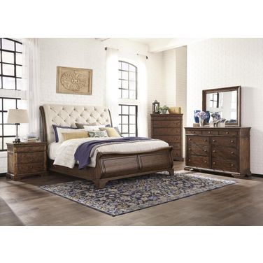 Trisha Yearwood Home Dottie Upholstered Sleigh Bedroom Set In Coffee