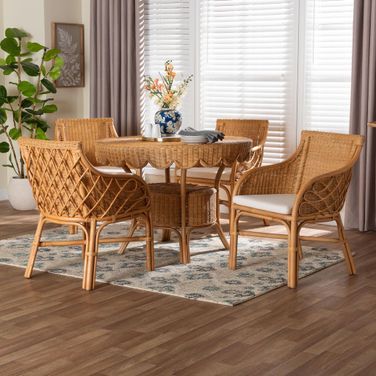 Tudor 5-Piece Rattan Dining Set with Round Wicker Table In Honey