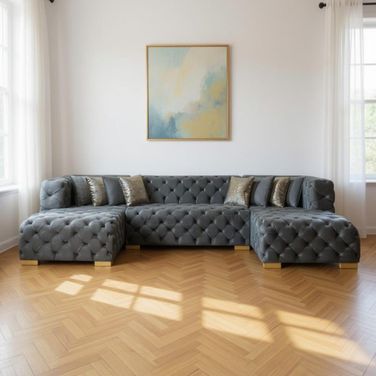 Tufted Velvet Modular U Shaped Sofa and Chaise Sectional with Toss Pillows In Gray