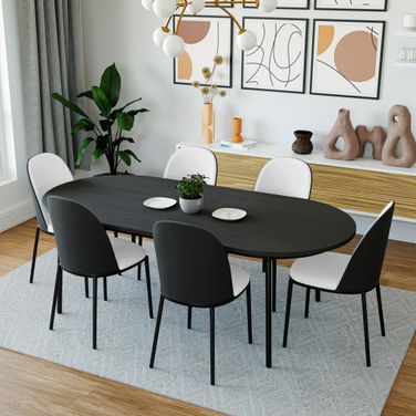 Tule 7-Piece Dining Set in Steel Frame with 71" Oval Dining Table In Black and White